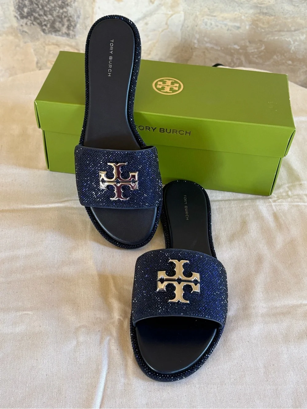 Tory Burch Navy Glitter Logo Slide Mules
